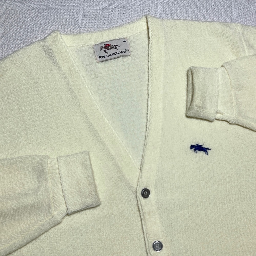 Vintage Steeplechase Cardigan Sweater Men Medium V-Neck Equestrian Cream 70s 80s